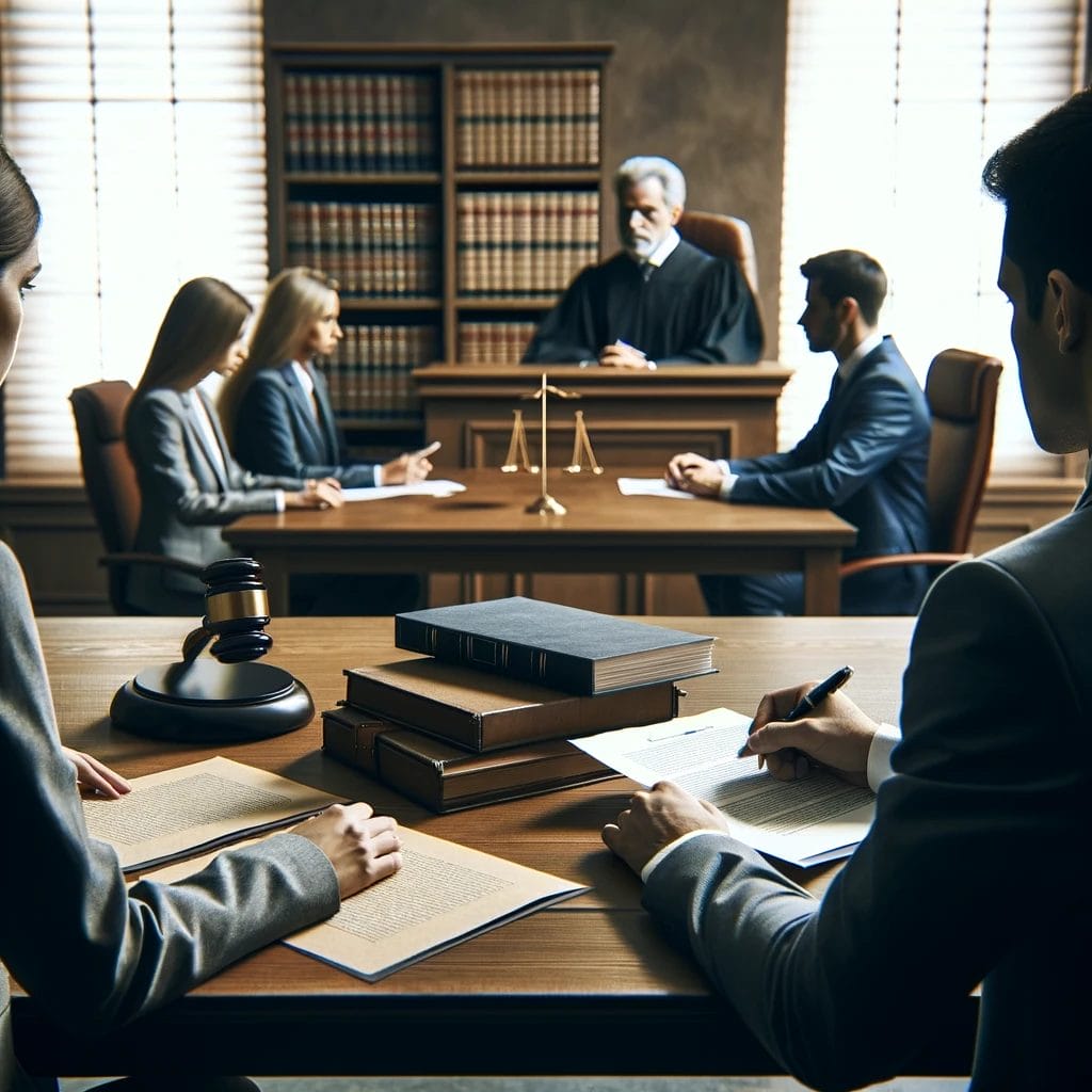 DALL·E 2024 05 23 21.44.32 A professional image for a legal firm blog post about divorce. The scene includes a courtroom with a judges bench in the background. In the foregroun Zeus Family Law